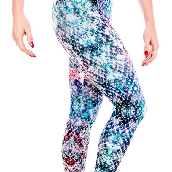 High Waisted High Compression Blue Snakeskin Print Yoga Pants by Lavaloka Active - Picture 3 of 9